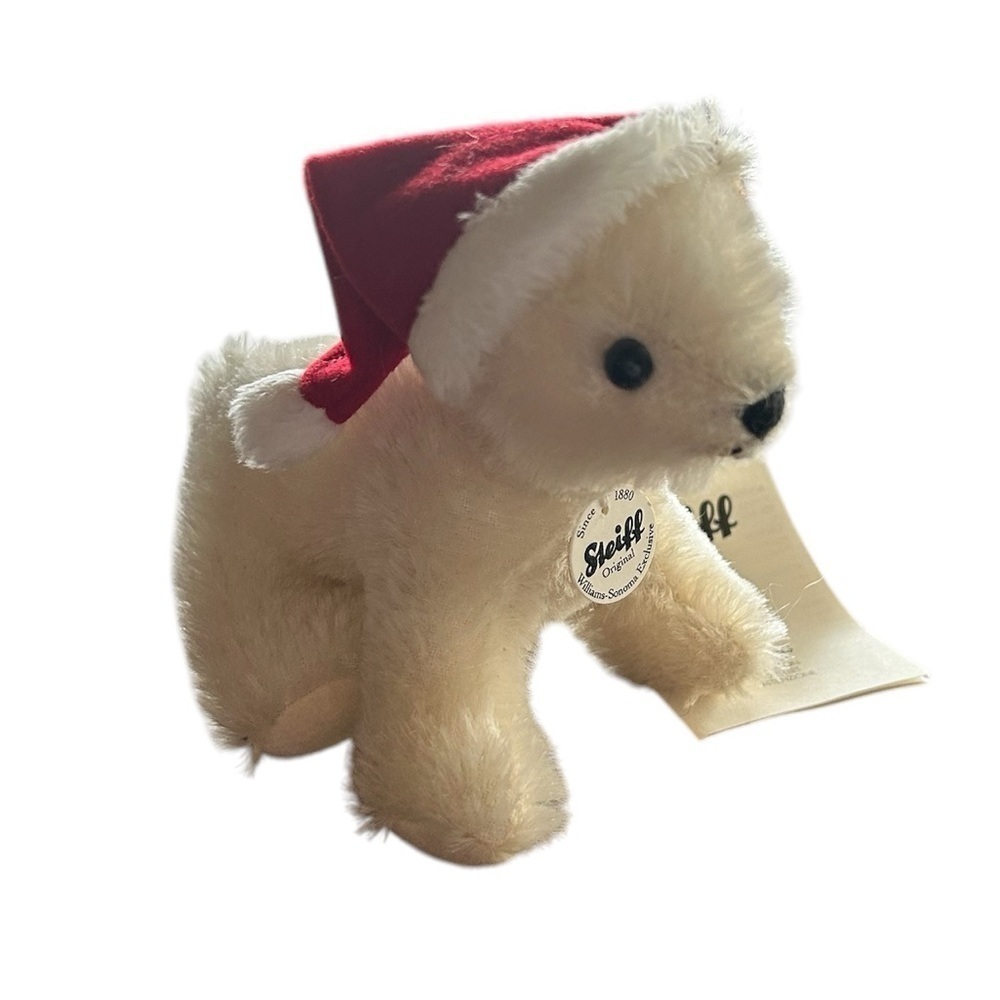Christmas STEIFF Polar Bear Santa Claus Hat Mohair Stuffed Tags Button NWT